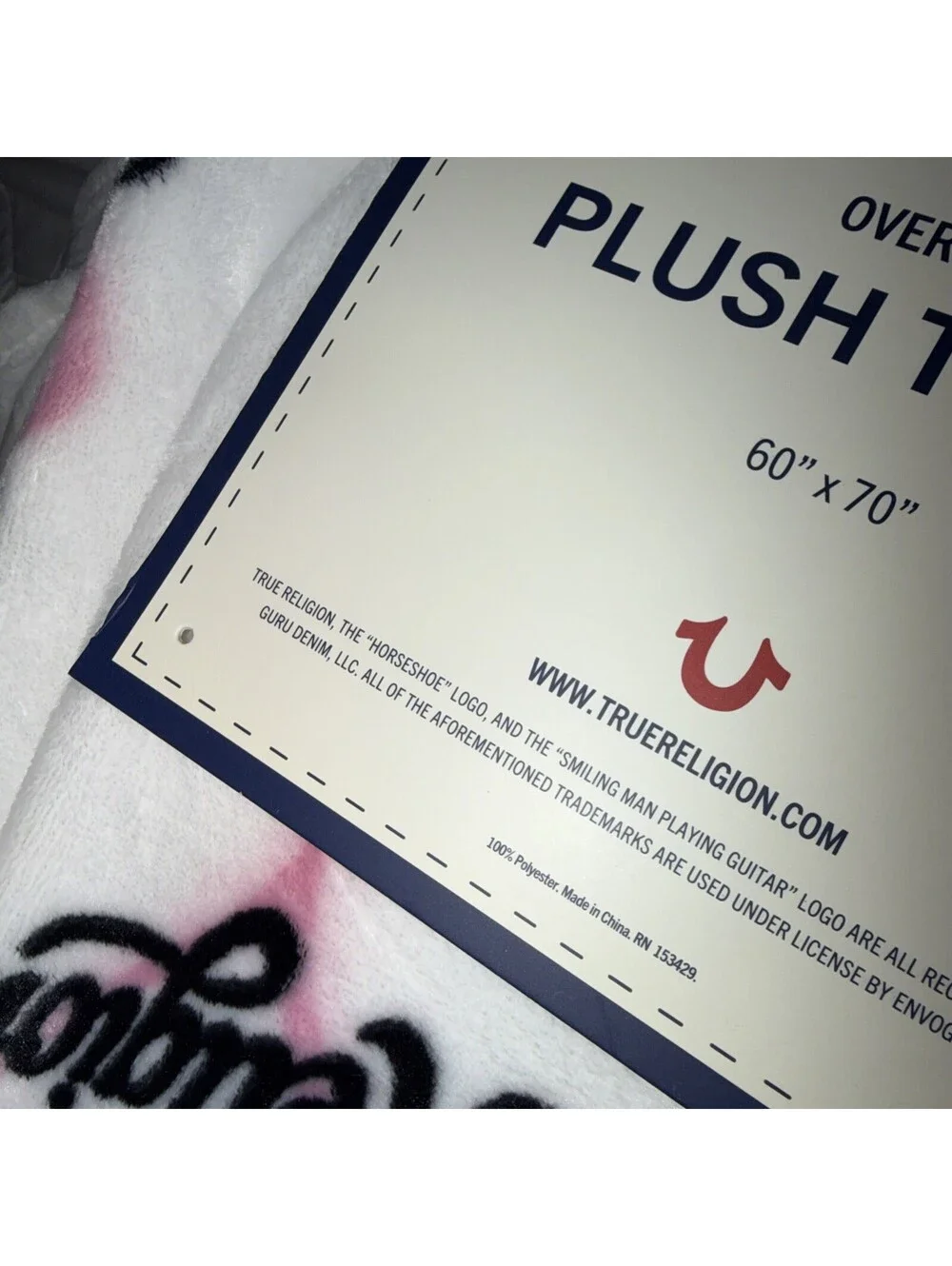 True Religion Oversized Plush Throw Blanket 60x70 in White pink heart  Graphic